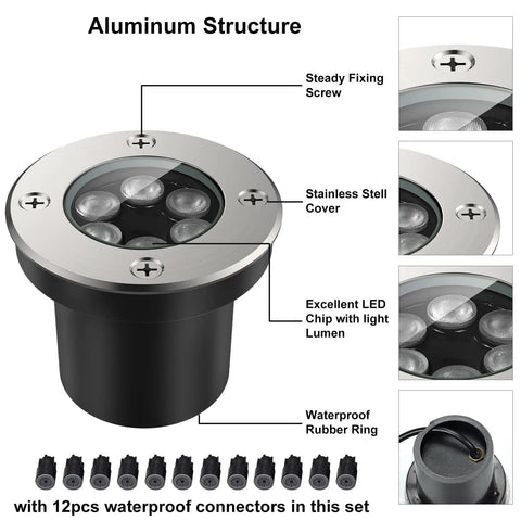 Landscape Lighting Well Lights Kit 6W 12V 24V Ground Lights 6000K Bright White IP67 Waterproof Low Voltage Outdoor Spotlight Stainless Steel