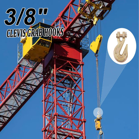 3/8 inch clevis grab hook in use on crane, showcasing 2 Pack Three Eighths Inch Chain Hooks Grade 70 Heavy Duty Clevis Grab Hooks For Trucking Towing And Industrial Chains 26,000 Lb Load Capacity Forged Steel Galvanized Finish For Superior Corrosion Resistance
