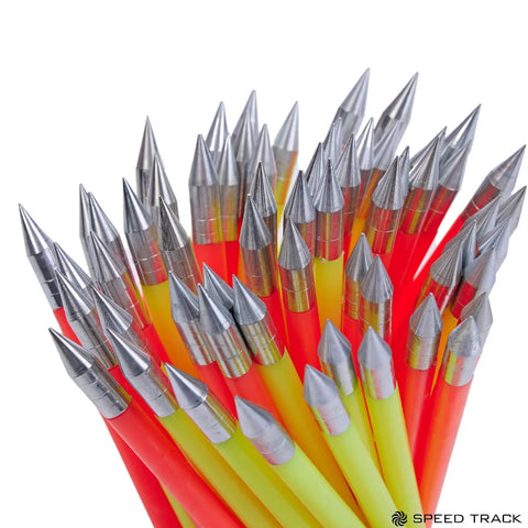 60 Piece Red And Yellow 6.25 Inch Archery Crossbow Bolts Set For 50 To 80 Lb Pistol Crossbows with sharp metal tips.