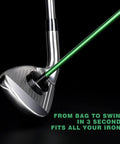 Two Pack 40 Inch Golf Alignment Sticks With Magnetic Club Alignment Rod attached to a silver golf club on a black background