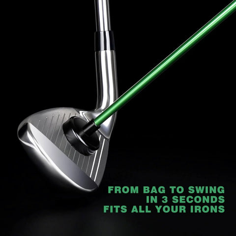 Two Pack 40 Inch Golf Alignment Sticks With Magnetic Club Alignment Rod attached to a silver golf club on a black background