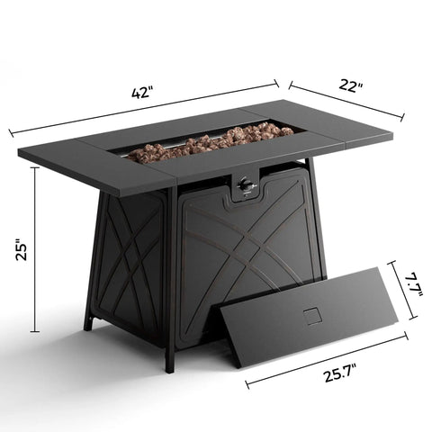 42 Inch Large Black Propane Fire Pit Table For Outdoor Living with ample surface for drinks and snacks, shown with dimensions