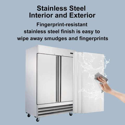 Heavy Duty Commercial Upright Freezer Forty Seven Cubic Feet with stainless steel finish being cleaned for maintenance.