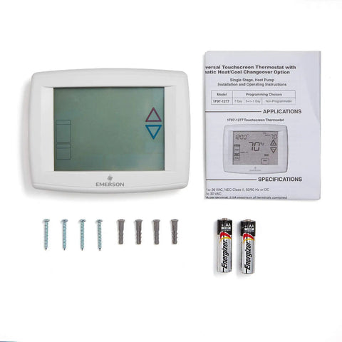 Ultra Easy Read Touchscreen 7 Day Programmable Thermostat With 12 Inch Display showing components including device, manual, screws, and batteries.