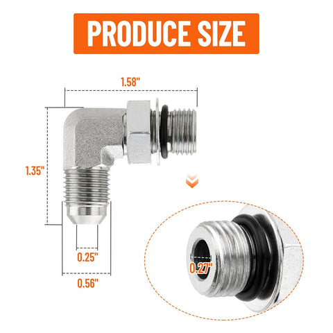 Racewill 90-degree hydraulic hose elbow fitting, 3/8 JIC 37° male to SAE/ORB male, chrome finish with protection cover