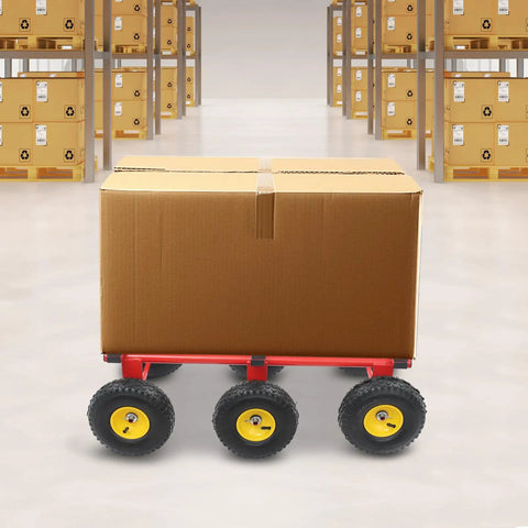 All Terrain Dolly 1200 Lbs Six Wheel Platform Cart With Pneumatic Tires Red For Heavy Loads Moving Furniture Equipment Outdoors Indoors Workhorse Steel Frame Perfect For Workshops And Garages Moving Heavy Objects Safely On All Terrains, loaded with box