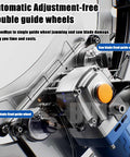 Close-up of automatic adjustment-free double guide wheels of Professional Grade Handheld Concrete Circular Saw with 6000W Brushless Motor.