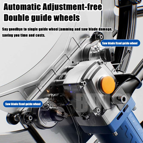 Close-up of automatic adjustment-free double guide wheels of Professional Grade Handheld Concrete Circular Saw with 6000W Brushless Motor.