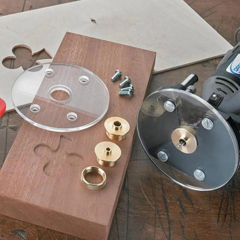 Damn Solid Brass Router Bushing Guide Set With Eight Precision Template Guides Lock Nuts And Compact Case for woodrouting tools on a workbench