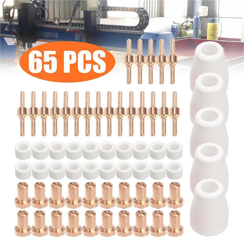 65Pc Plasma Cutter Consumables Kit Compatible With Pt31 And Lg40 Torch For Cut30 40 50 Machines, metal and ceramic nozzles and electrodes.