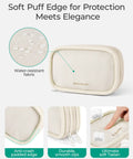 On The Go Electronics Organizer Travel Case With Two Layer Cord Organizer And Seven Mesh Pockets Beige for women, water-resistant design, showing soft puff edge and smooth zippers.