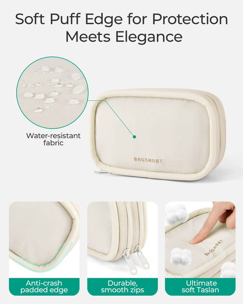 On The Go Electronics Organizer Travel Case With Two Layer Cord Organizer And Seven Mesh Pockets Beige for women, water-resistant design, showing soft puff edge and smooth zippers.
