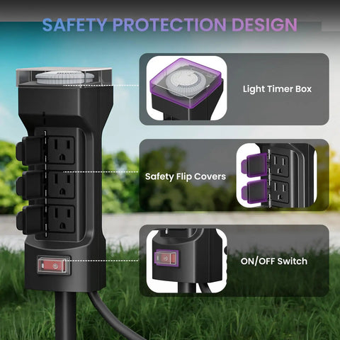 Slick 24 Hour Outdoor Stake Timer Boasts 6 Outlets And 6 Ft Extension Cord with safety covers, timer box, and on/off switch.