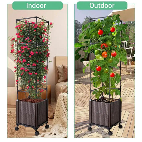 56 Inch Raised Garden Bed With Tomato Cage And Trellis, Self Watering Planter Box For Vegetables And Flowers, Lockable Wheels