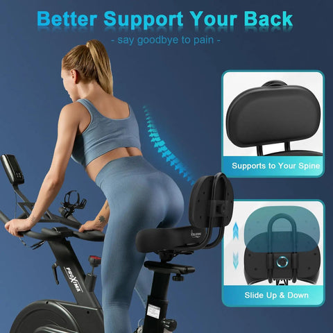 Oversized Noseless Bike Seat With Backrest 13 By 9 Inch Ultra Wide Saddle For Ebikes Tricycles And Stationary Bike Cushions Extra Thick Foam For Hip Support Noseless Design For All Day Comfort, rear view on indoor bike