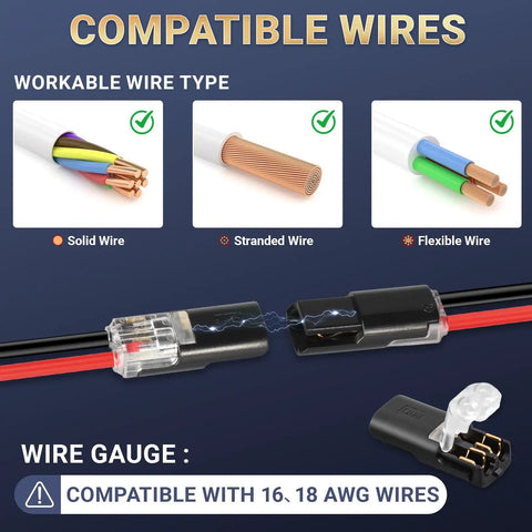 2 Pin Low Voltage Wire Connector Kit For 16 To 18 AWG Cables showing compatibility with solid, stranded, and flexible wires.
