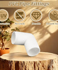 Twelve Pack Three Quarter Inch PVC 90 Degree Elbow Fittings Furniture Grade UV Resistant For SCH40 Pipe shown on wood surface