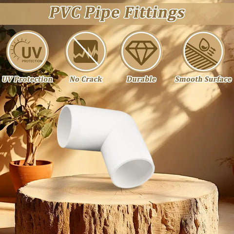 Twelve Pack Three Quarter Inch PVC 90 Degree Elbow Fittings Furniture Grade UV Resistant For SCH40 Pipe shown on wood surface