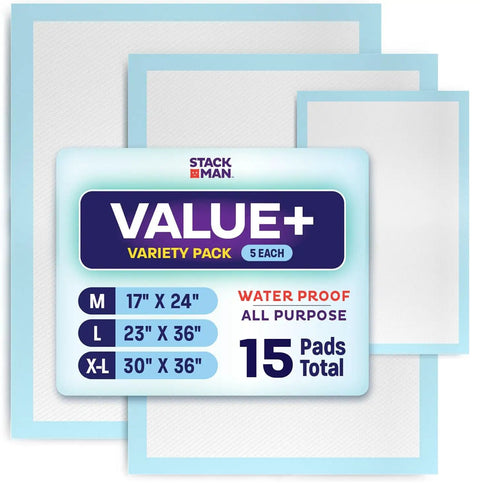Ultra Absorbent Disposable Adult Underpads Variety Pack Featuring Quilted Top Sheet For Sure Fire Leak Defense And Zero Odor Worry Keep You Comfy And Protected Straight Up All Night Long, variety pack of waterproof pads.
