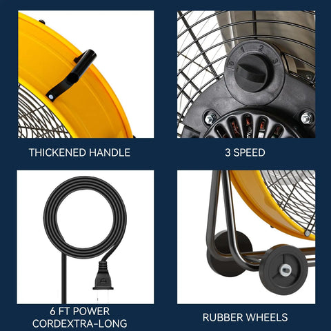 Close-up of features on 24 Inch High Velocity Industrial Drum Fan with 8800 CFM, showing handle, speed control, cord, and wheels.