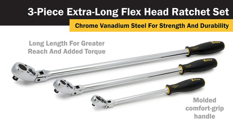 Three Piece 36 Tooth Extra Long Flex Head Ratchet Set With Comfort Grip Handles Built Tough From Chrome Vanadium Steel Reversible Ratcheting