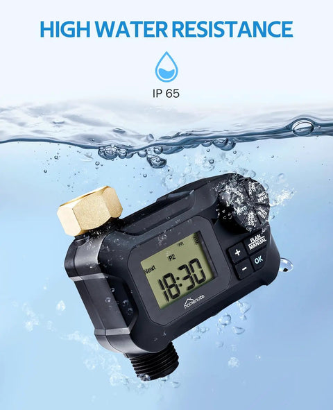 Waterproof timer submerged showing IP65 rating for Automatic Misting Cooling System With Timer For Outdoor Patio And Garden, 46 Foot Misting Line, 10 Brass Nozzles, Three Quarter Inch Brass Adapter, No Brainer Ready To Roll Cool Mist For Patio Cooling, Plant Watering, Pets And Livestock