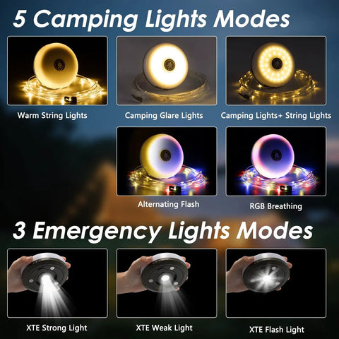 Image showing 2 Pack Camping String Lights 4 In 1 Camp Light With 8 Modes and 32.8 Feet Hanging Tent Lights Rechargeable Waterproof LED Lantern in eight light modes.