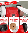 Detail display of the Handheld Cordless Bench Grinder With 75Mm Wheel And 150W Motor, showing start switch, polishing wheels, and protective shield.