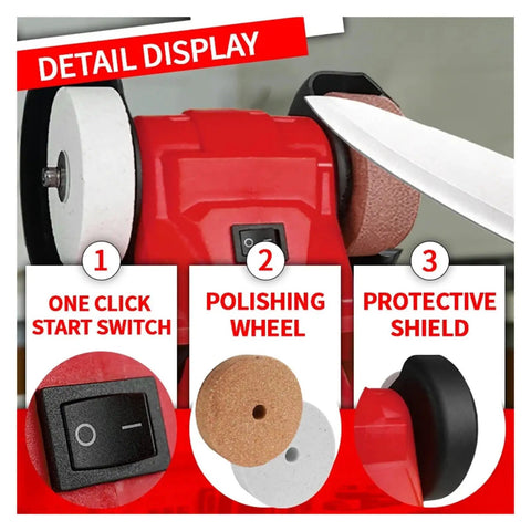 Detail display of the Handheld Cordless Bench Grinder With 75Mm Wheel And 150W Motor, showing start switch, polishing wheels, and protective shield.