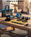 Cordless 21V Angle Grinder With Brushless Motor Delivers Up To 9500 RPM Lightweight 4-1/2 Inch Tool Includes 2x 4.0Ah Batteries shown with accessories.