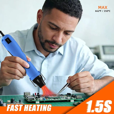 Man using Dual Temp Heat Gun With Two Speed Settings 250C And 350C 482F And 662F for circuit board crafting