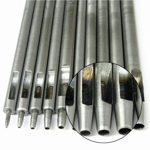 Close-up of Leather Punch Tool Kit With Ten Sizes From 0.5mm To 5.0mm For Belts Wallets And Bags Heavy Duty Hole Puncher Set