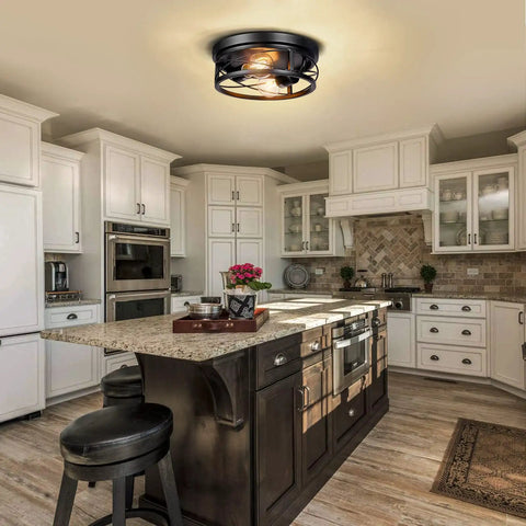 Two Pack Black Farmhouse Flush Mount Ceiling Lights With Industrial Vintage Metal Cage Design in modern kitchen setting
