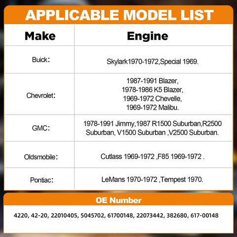 Applicable model list for Tailgate Window Lift Regulator Motor Fits Buick Skylark 1969 1972 Chevelle Malibu 1969 1972