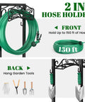 Freestanding Garden Hose Holder Stand With Heavy Duty Build, 2 Tool Hooks, Holds 150 Foot Water Hose, 4 Spike Stable Base