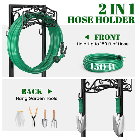 Freestanding Garden Hose Holder Stand With Heavy Duty Build, 2 Tool Hooks, Holds 150 Foot Water Hose, 4 Spike Stable Base