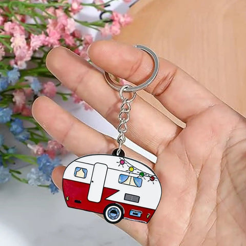 Double Sided RV Camper Keychain Set 2 Pack Retro Travel Trailer Metal Key Rings for Women and Men held in hand