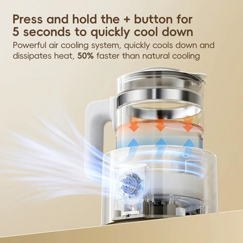 No Fuss Baby Bottle Warmer And Electric Kettle Featuring Ridiculously Fast Cool Down Fan air cooling feature with glass and plastic design
