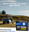 12V 100Ah LiFePO4 Battery With Built In 100A BMS For RVs And Golf Carts beside a golf cart on a grassy field