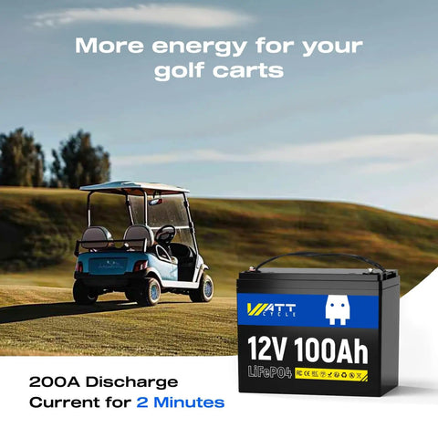 12V 100Ah LiFePO4 Battery With Built In 100A BMS For RVs And Golf Carts beside a golf cart on a grassy field