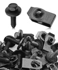 Heavy Duty M8-1.25 Body Bolts and Extruded U Nut Kit for Auto Body Repairs, 15 Sets, black steel fasteners display