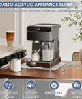 Acrylic appliance slider tray under espresso machine, featuring clear design, quiet wheels, and easy cleaning for smooth movement.