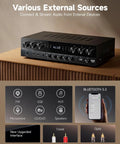 Six Channel Home Theater Receiver With 1000W Peak Power, Bluetooth 5.3, USB, FM, displayed on wooden table, showing controls.
