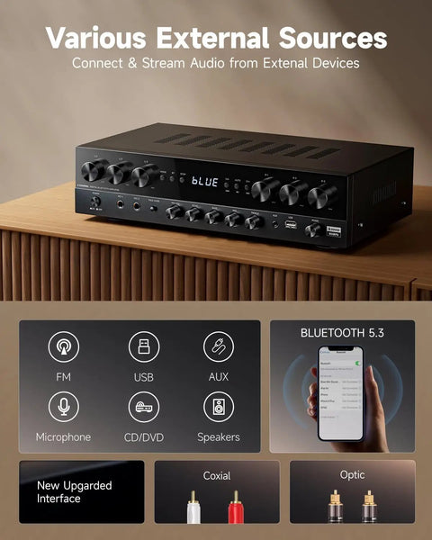 Six Channel Home Theater Receiver With 1000W Peak Power, Bluetooth 5.3, USB, FM, displayed on wooden table, showing controls.