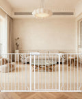 Living room with Extra Wide Walk Through Baby Gate Pressure Mounted With Extension For Doorways And Kitchen And Living Room Auto Close Hold Open 90 Degree Safe Toddler And Pet Gate For Large Openings, showing modern decor behind gate.
