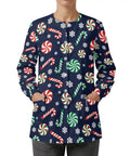 Womens Christmas Print Long Sleeve Medical Scrub Jacket With Snap Front For Quick On Off And Full Mobility For Nurses On The Go Pediatric Care Pros Vet Techs Sizes S To 4XL All Day Comfort For Busy Shifts showing candy cane pattern and button closure