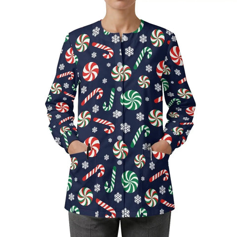 Womens Christmas Print Long Sleeve Medical Scrub Jacket With Snap Front For Quick On Off And Full Mobility For Nurses On The Go Pediatric Care Pros Vet Techs Sizes S To 4XL All Day Comfort For Busy Shifts showing candy cane pattern and button closure