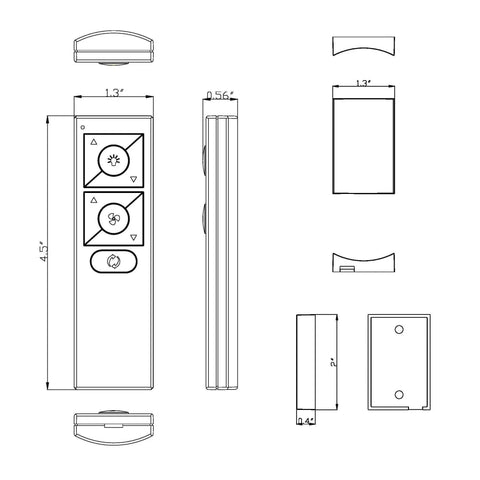 Technical drawing of remote for Six Speed Ceiling Fan With Wireless Bluetooth Remote Control And Wall Cradle For Smart Fans