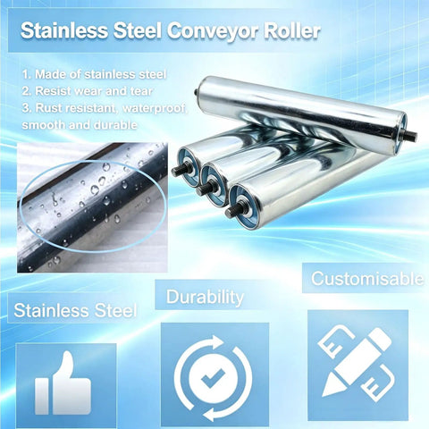 Heavy Duty Conveyor Roller 1.5 Inch Diameter, 18 Inch Length, Galvanized End Silver, Replacement Part for Roller Conveyor Systems, Supports 15 to 100 kg, Low Noise, 201 Stainless Steel Rollers for Garages, Warehouses, Docks, stainless steel roller