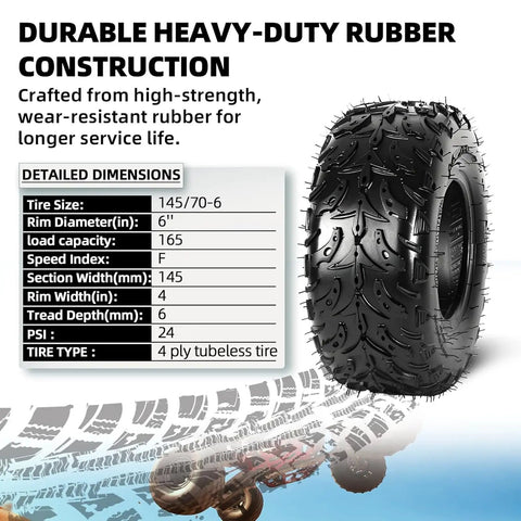 Image showing 145/70-6 Tubeless Tire For ATV And Go Kart Mini Bikes, 4 Ply Load Up To 165 Lbs At 24 PSI, All Terrain Traction